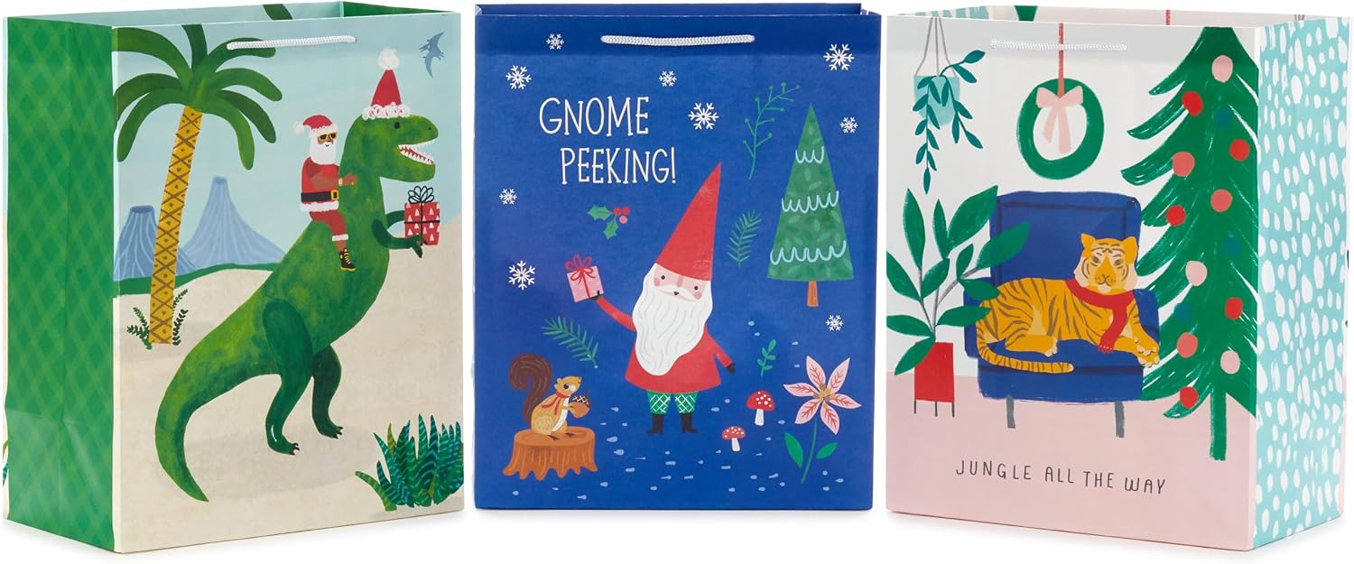 Hallmark Large Christmas Gift Bags for Kids, 3-Pack (Gnome, Tiger, T-Rex)