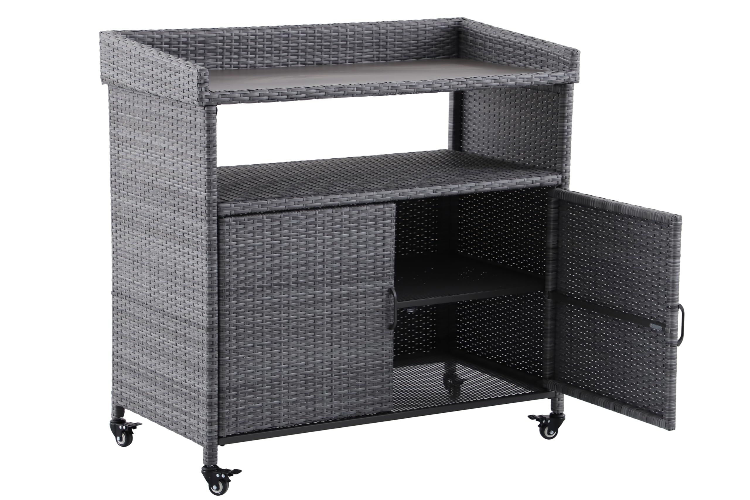 METRO Professional Carrello di Servizio con Armadietto Balsario, alluminio/PE rattan, 112 x 56 cm, Grigio Pietra