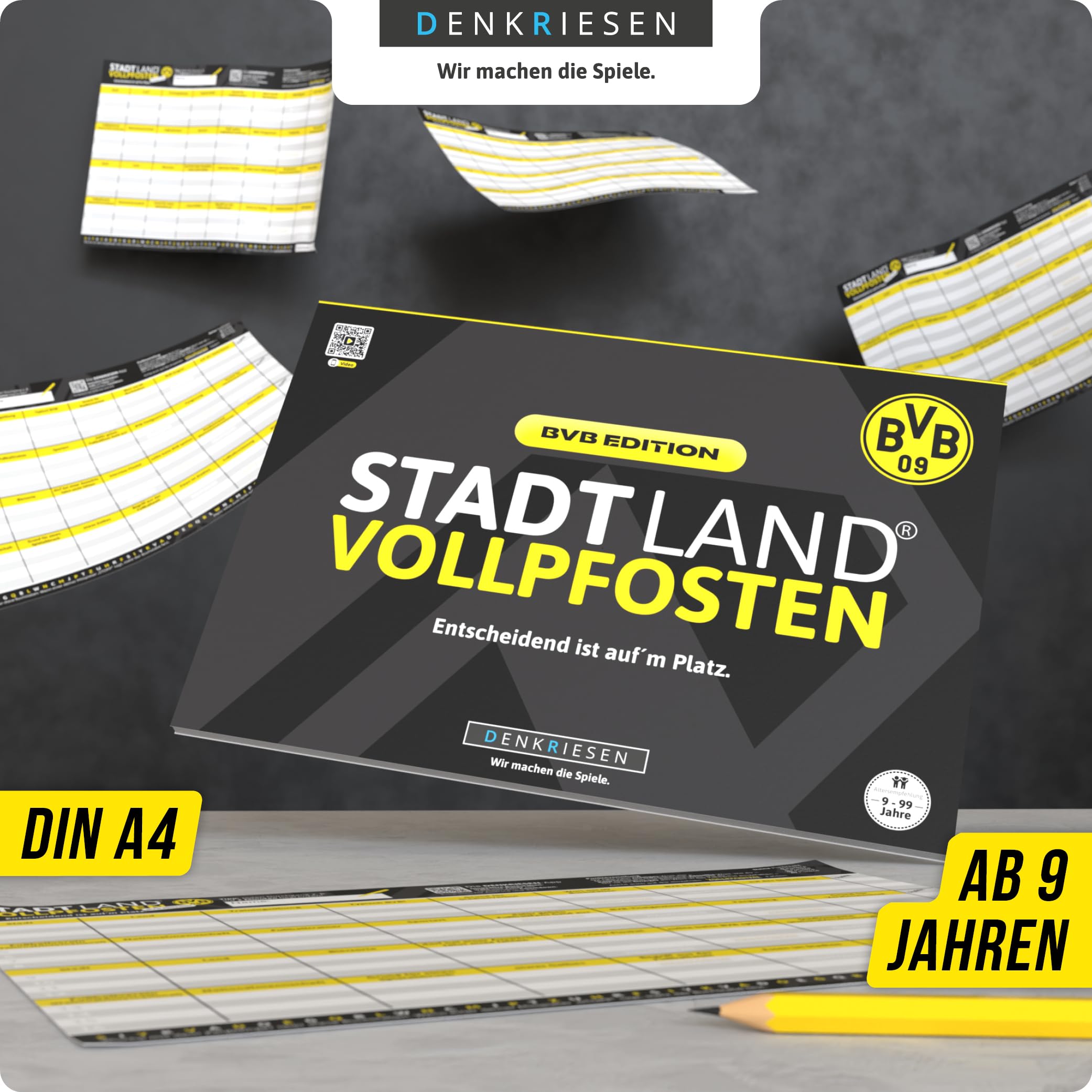 DENKRIESEN A4 Game Pad - Stadt Land VOLLPFOSTEN® BVB Edition - From 9 years - Includes 28 categories, Black, Medium - Image 2