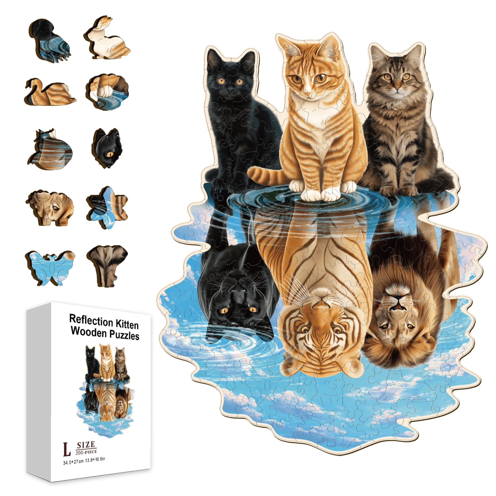 GLOBLELAND 200Pcs Reflection Kitten Wooden Jigsaw Puzzles for Adult 13.6x10.6inch Colorful Cat Tiger Wood Puzzles for Holiday Birthday Gifts