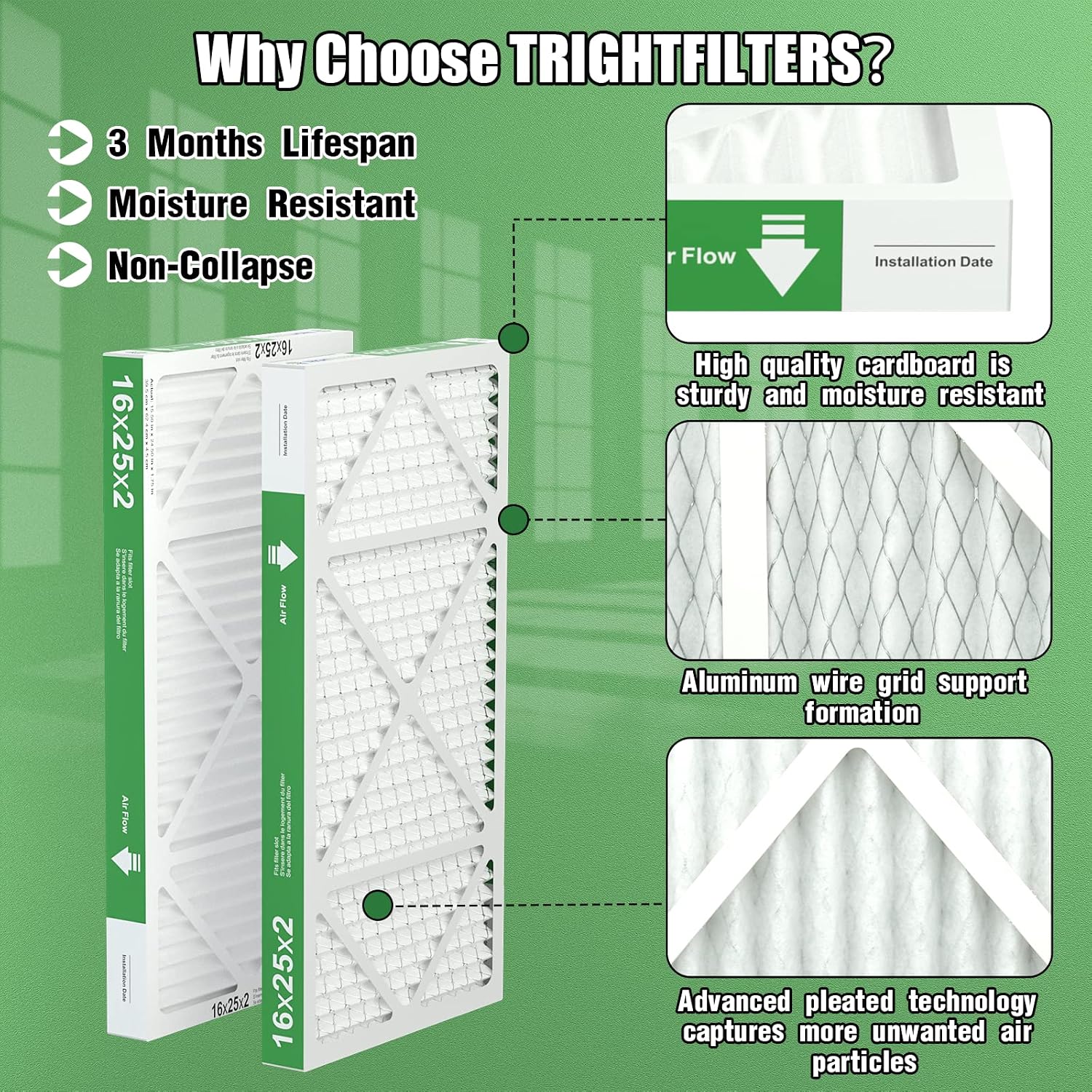 16x25x2 Air Filter TRIGHTFILTERS, Durable MERV 8 Pleated Home HVAC AC Furnace Heater Filters Replacement, Lightweight Compact Air Conditioner Filters 4 Pack