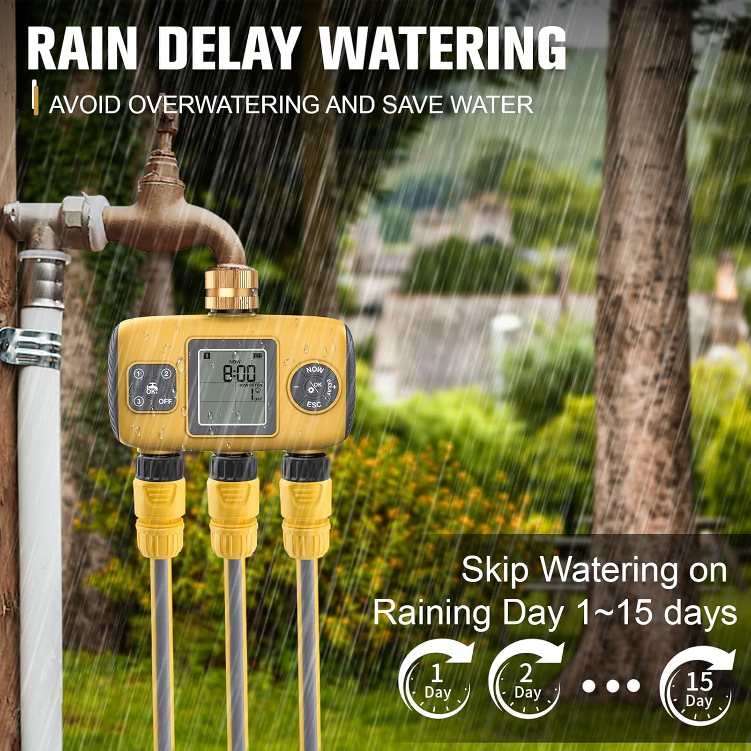 Hilitand 3 Outlet Sprinkler Timer, Programmable Hose Timer with Rain Delay and Child Lock, Brass Inlet for Yard Lawn Garden Watering System