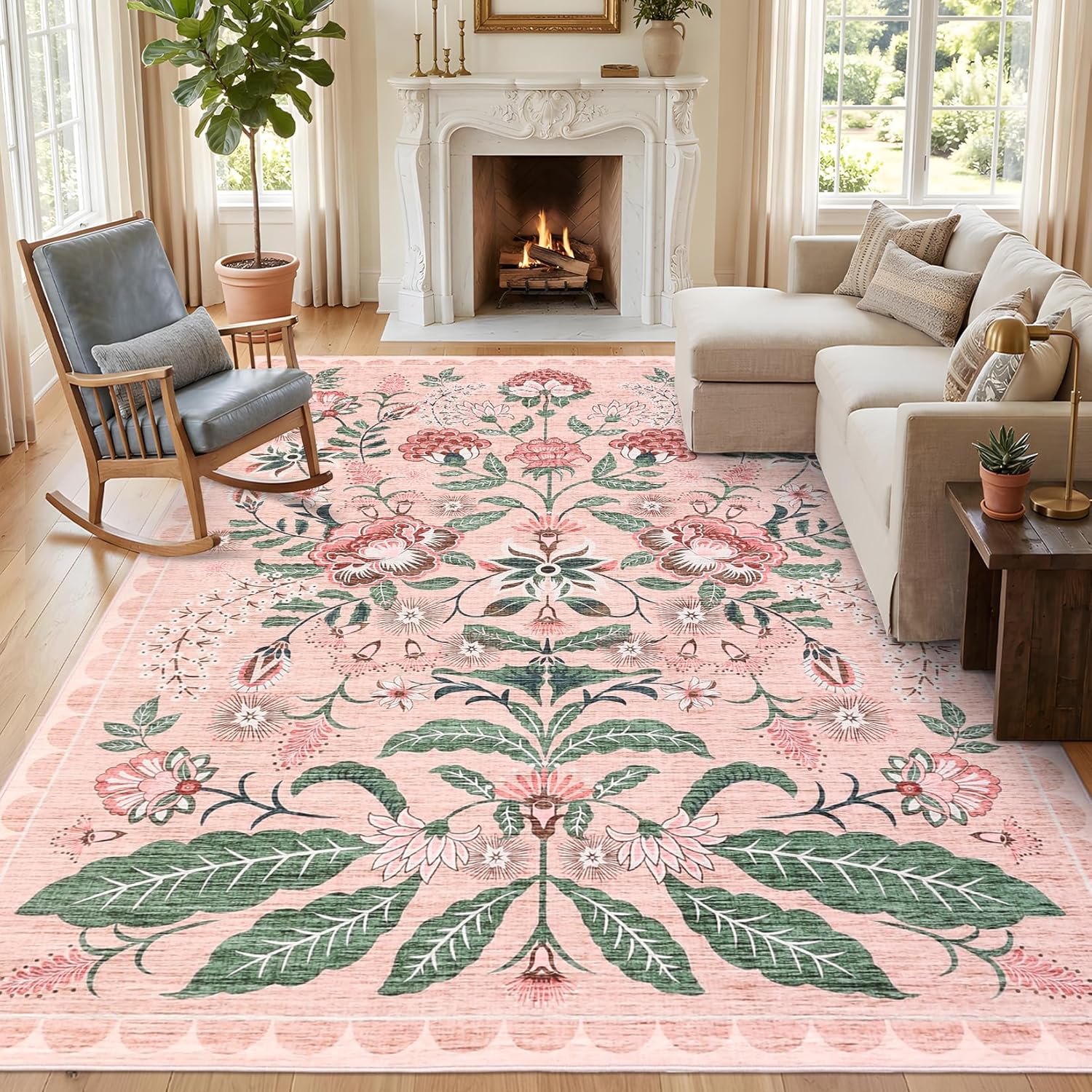 Garvee Large Area Rug for Living Room 9x12 Washable Rugs for Bedroom Vintage Floral Soft Rug Indoor Non Slip Boho Carpet Low Pile Non-Shedding Foldable Rugs for Nursery Farmhouse Dorm Office, Pink