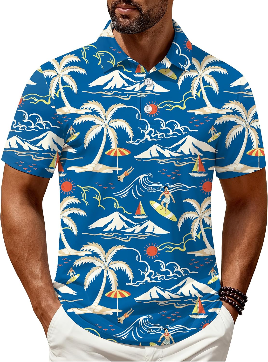 Men's Golf Polo Shirts Hawaiian Print Polo Shirt Moisture Wicking Quick Dry Fabric Casual Short Sleeve Shirt