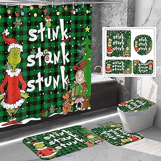 4 Pcs Christmas Bathroom Set: Shower Curtain, Non-Slip Rugs, Toilet Lid Cover and Bath Mat - 72 X 72 Inches With Hooks - Holiday Decor (Styled)