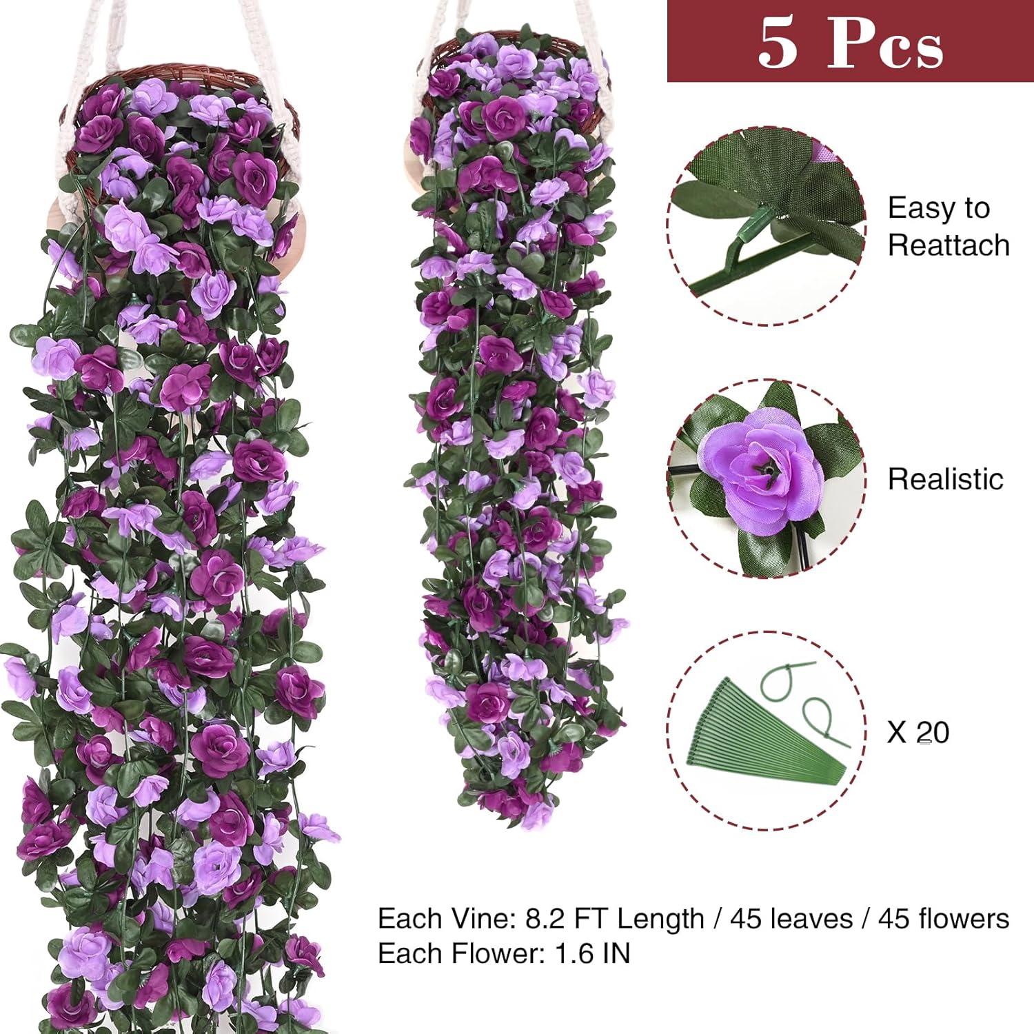 BLEUM CADE 5Pcs 41Ft Flower Garland Artificial Rose Vines for Bedroom, Cute Fake Hanging Flower Vines Floral Garland Decorations for Wedding Party Wall Room Decor Aesthetic - Image 2