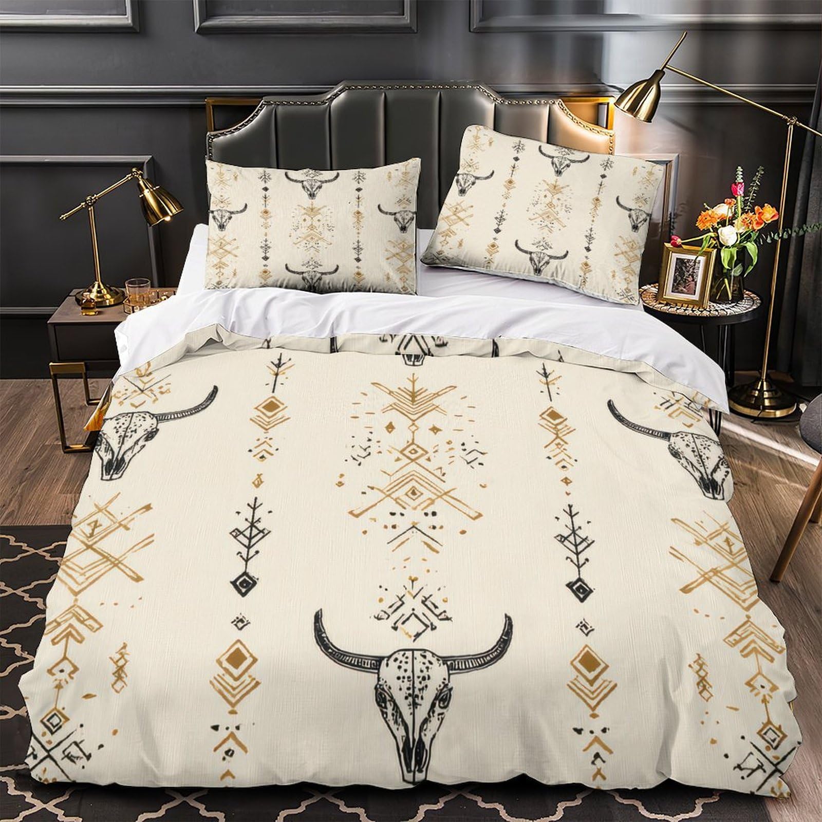Housse de couette crâne bohème 140x200 parure lit microfile tribal