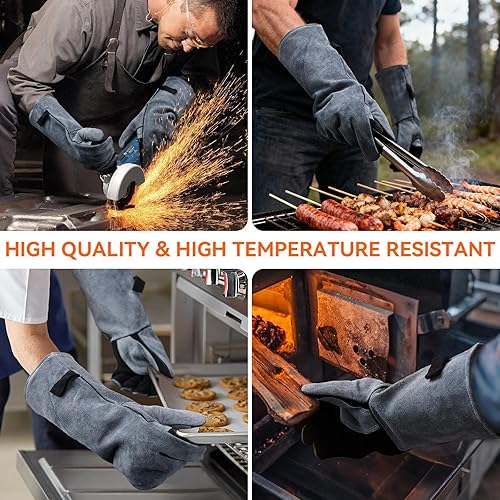 Miniatura 5 de OZERO Guantes de soldadura resistentes al calor 932F de cuero de vaca de 16 pulgadas, manga larga y forro aislante, guantes de barbacoa para