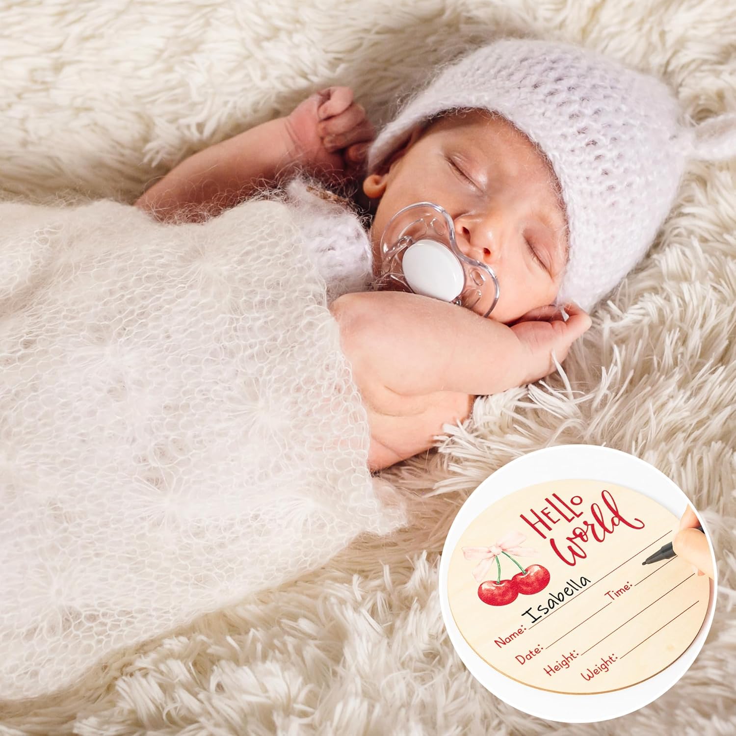 R HORSE Baby Announcement Sign with Ink Pad and Marker Pen Cherry Pink Bow Hello World Wooden Keepsake for Newborn Handprints Footprints Christening Shower Gift Double-Sided Name Plaque Welcome Sign - Image 5