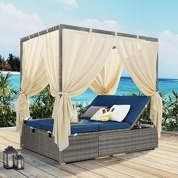 Patio Chaise Lounge,PE Rattan Outdoor Patio Wicker Adjustable Outdoor Sun Bed with Four-sided Canopy and Comfortable Blue Cushion Versatile Use for Patio, Garden, and Poolside