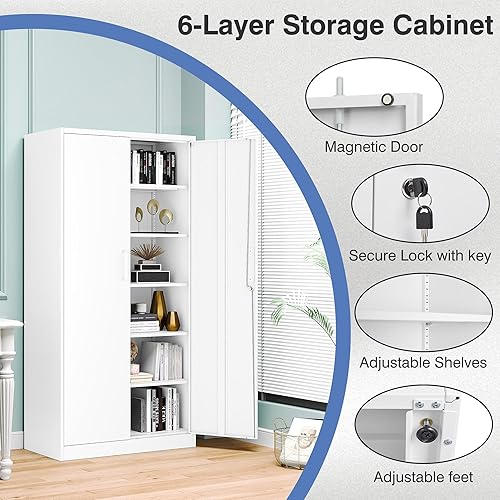 Miniatura 4 de Armario de almacenamiento de metal con cerradura, archivador alto blanco con 2 puertas y 5 estantes ajustables, gabinetes de almacenamiento de acero