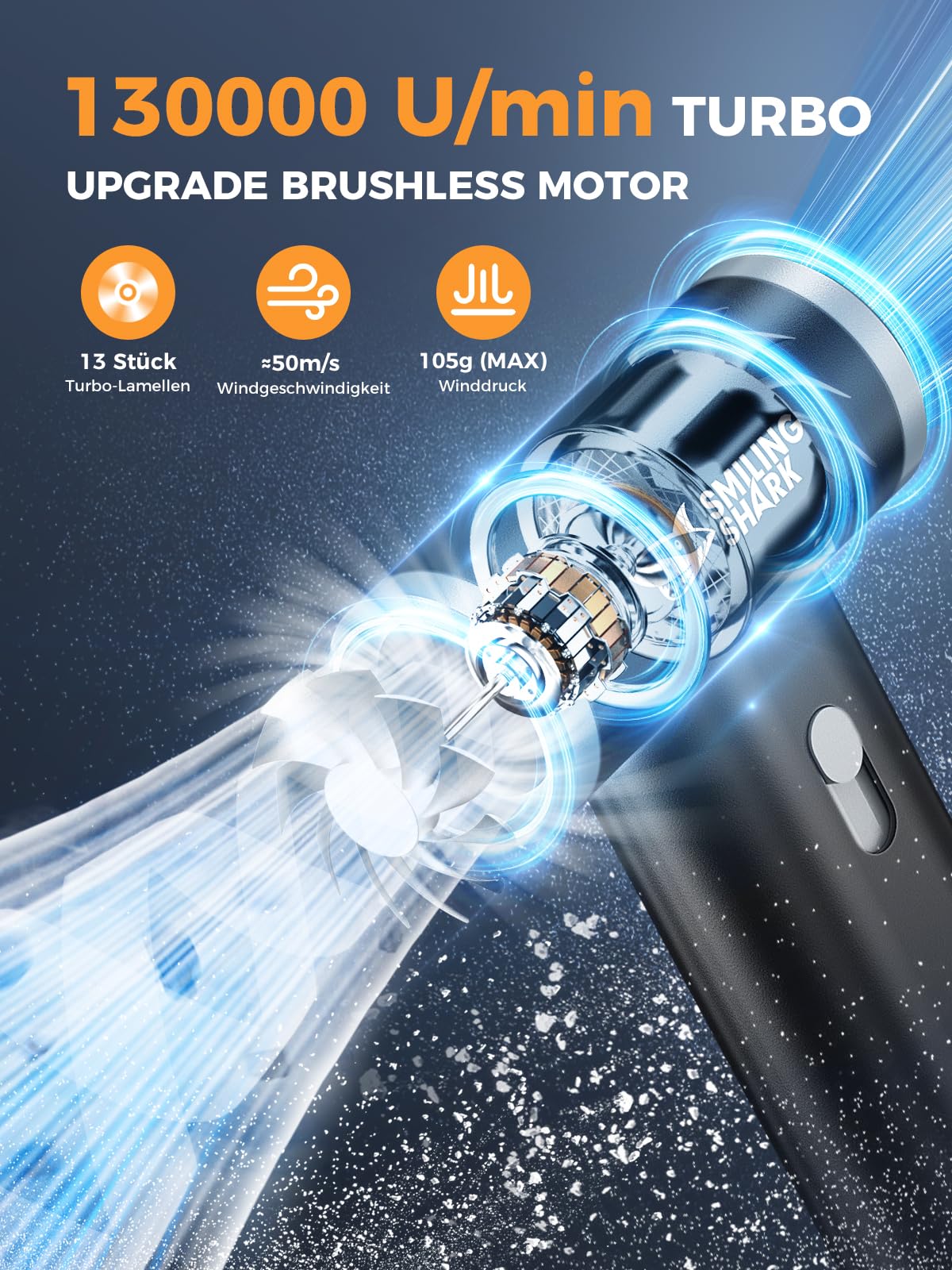 Smiling Shark Elektrische Staubgebläse Luftdruckspray, J01 aus Aluminum 130000 U/min Compressed Air Duster mit Stufenloser Regelung Turbo Handventilator für Kühlung/PC/BBQ/Auto/Camping, Schwarz