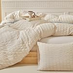 WARMDERN Couvercle de couettes Super King Taille, 3pcs Ensemble de literie beige en microfibre lavée, doux respirant rayé Texturé Seersucker Couverture de couettes avec fermeture à glissière & Cravates de coin (Beige, Super King)