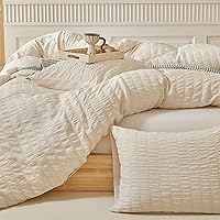 Vista 4 de WARMDERN - Juego de funda de edredón tamaño Queen, juego de ropa de cama de 3 piezas de microfibra lavada color beige, funda de edredón con textura