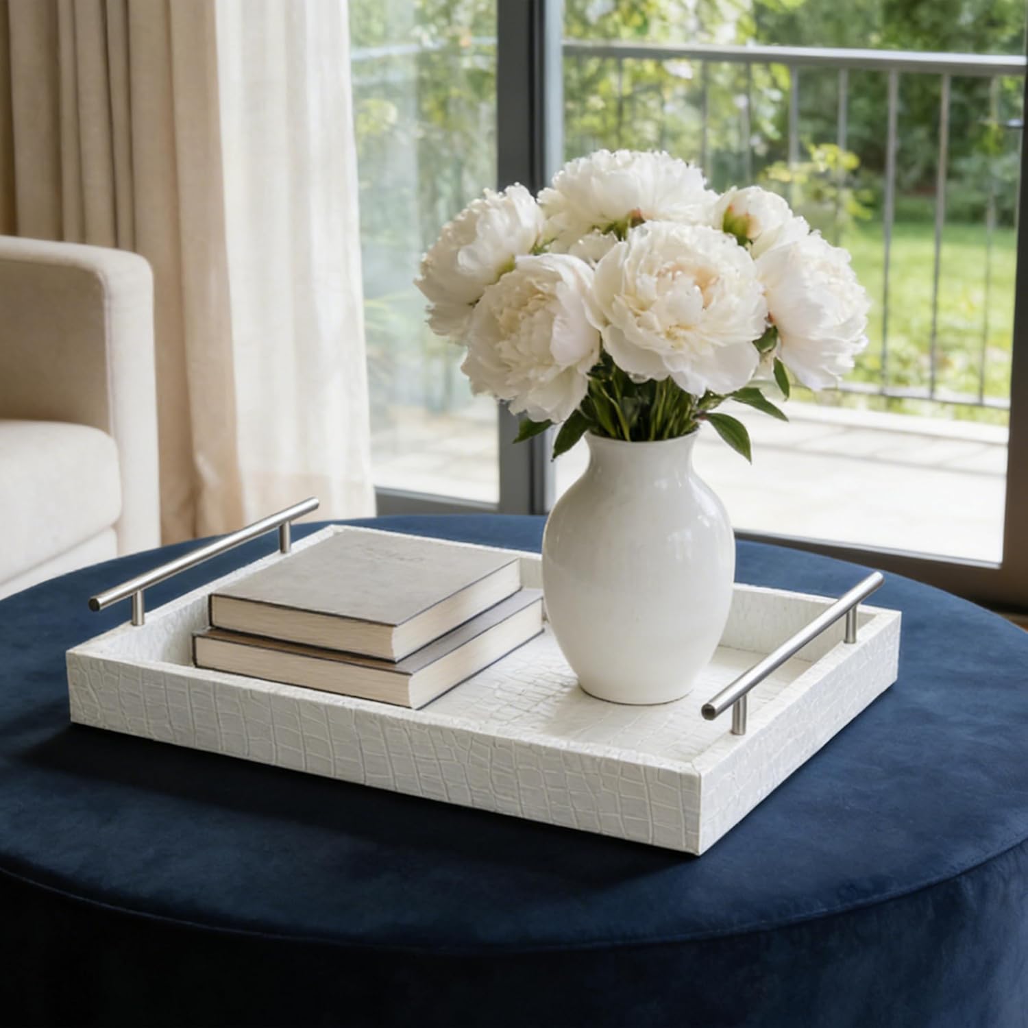 Luxury Faux Leather Serving Tray with Silver Handles, 16x12 Inches Large Rectangular Decorative Tray for Coffee Table, Ottoman, Bathroom & Home Decor, Ideal for Hotel & Entertaining, White