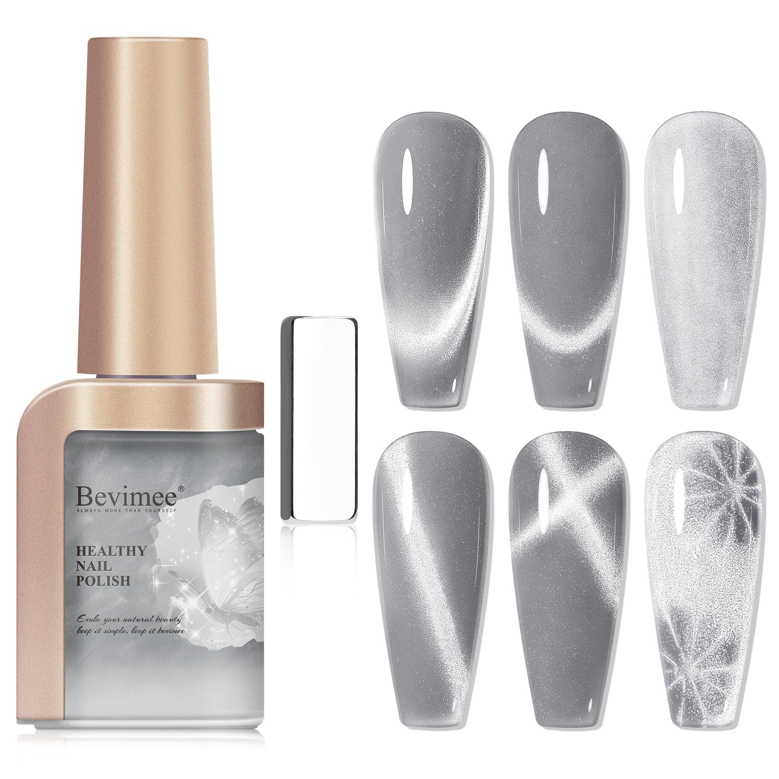 Bevimee Silver Cat Eye Nail Polish Non Gel, Air Quick Dry Mooncat Nail Polish Magnetic Fingernail Polish Metallic Nail Lacquer Holographic for Nail