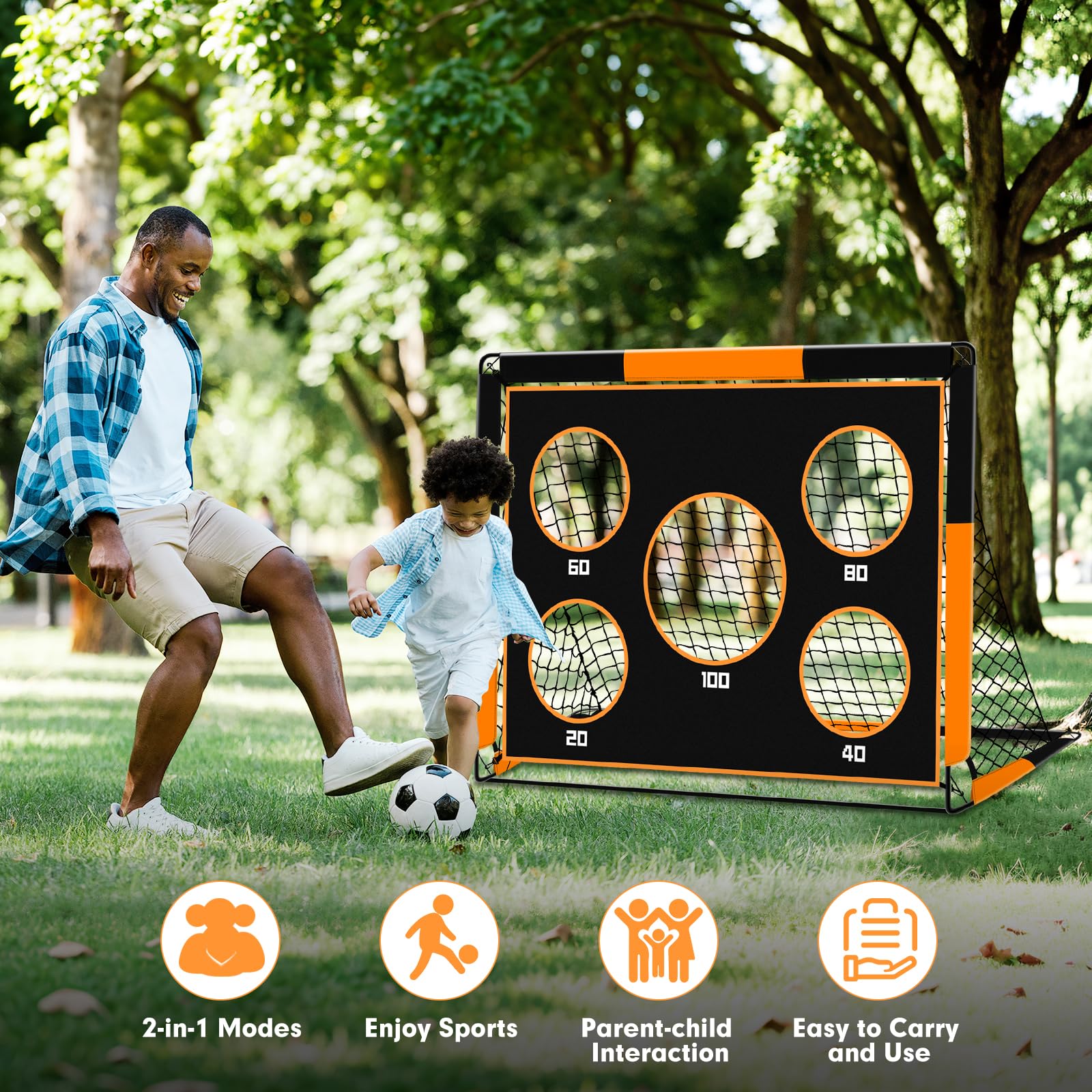 But de Foot 2 en 1 pour Jardin, Cage de Football avec Cible de Tir, Filet Pliable Outdoor, But pour Enfants avec 4 Piquets et Sac de Transport