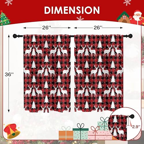 Miniatura 5 de Juego de 2 cortinas de cocina a cuadros de Navidad, cortinas cortas rojas de ciervos de árbol, cortinas de ventana para decoración de cocina, sobre