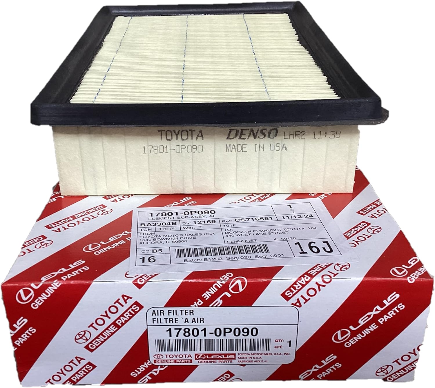 Genuine Toyota Engine Air Filter 17801-0P090, OEM Replacement Part, Made in USA