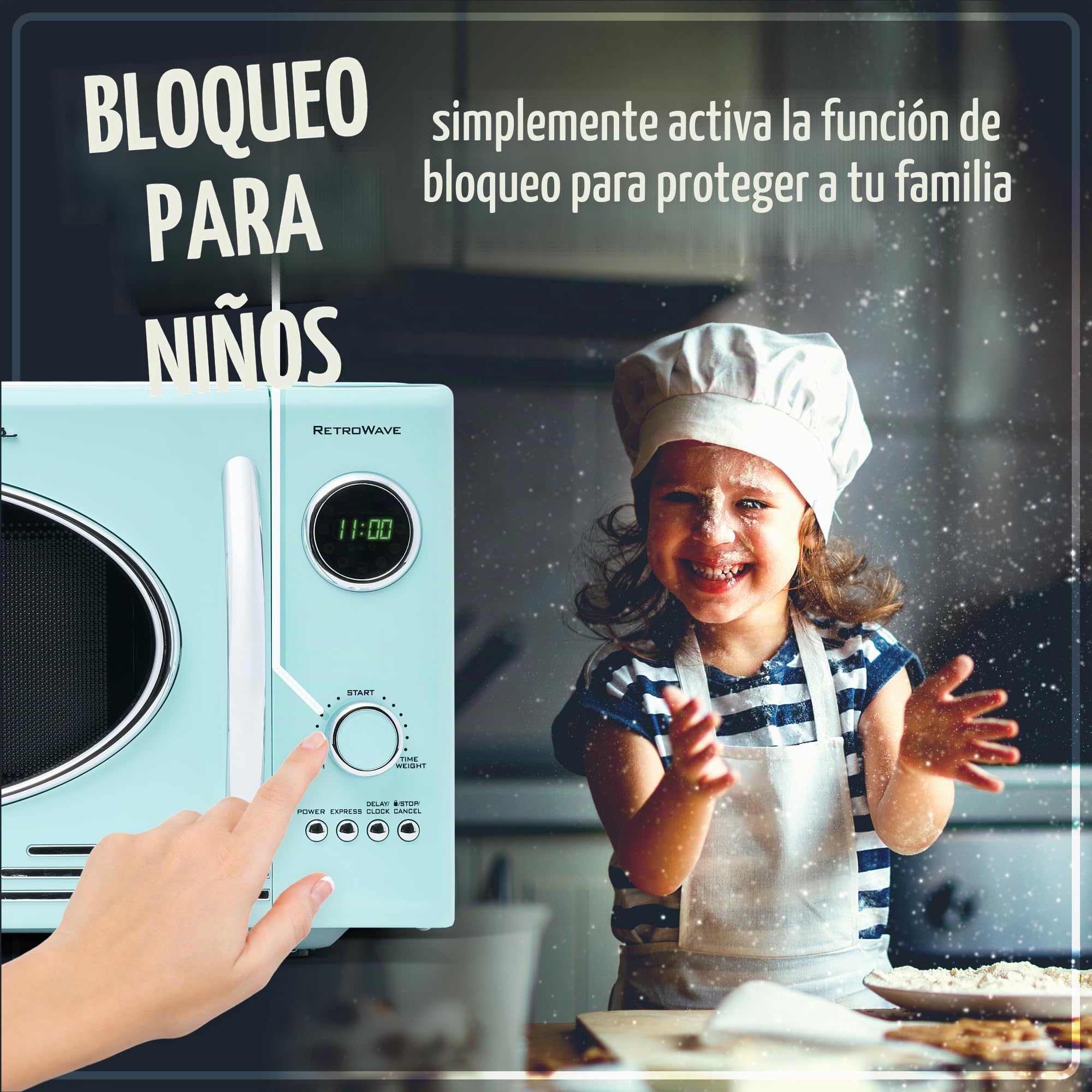 Nostalgia Microondas Retro de Encimera - Gran Potencia de 800 Vatios - 25 Litros - 12 Programas de Cocción Preestablecidos - Reloj Digital - Electrodomésticos de Cocina - Aguamarina
