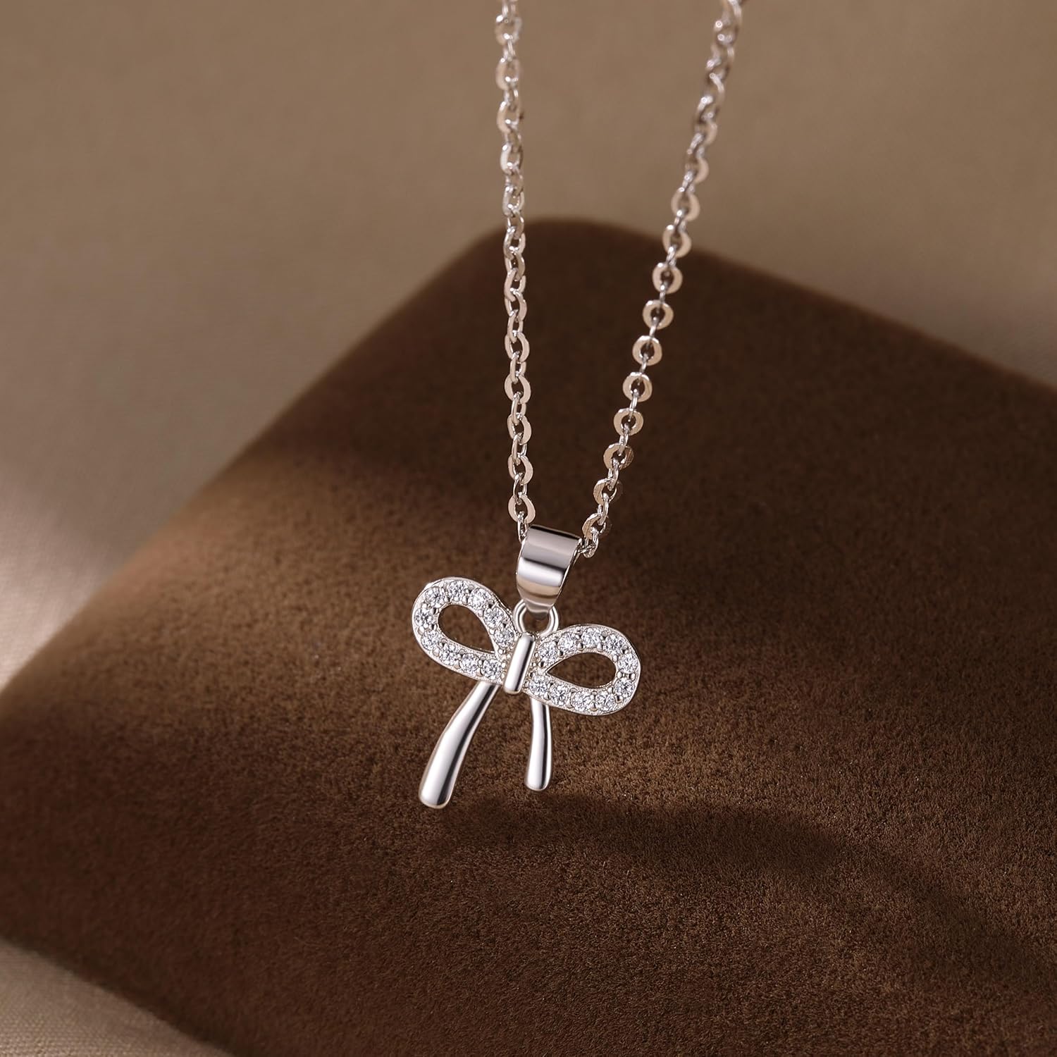 Reffeer Solid 925 Sterling Silver CZ Bow Necklace Chain for Women Teen Girls Crystal Bow Pendant Necklace Choker Bowknot - Image 4