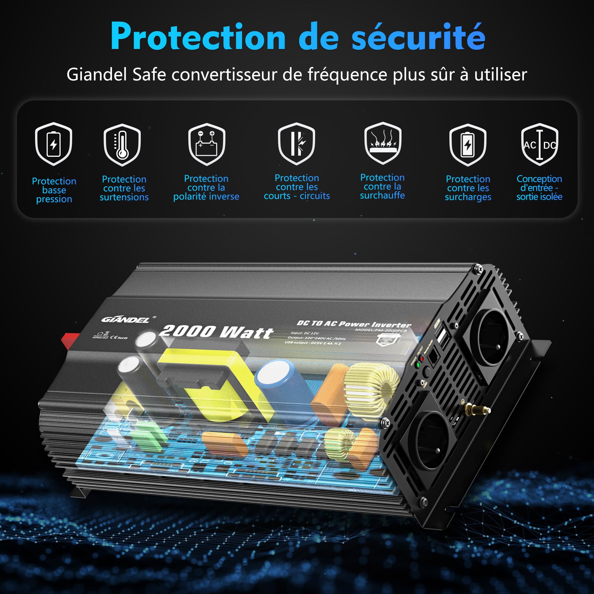 GIANDEL 2000W Convertisseur 12V 220V Onduleur à Onde Modifiée Transformateur Compatible Lithium-Batteries, avec Télécommande pour Voiture, Caravane, Bateau, Camping, Voyage - Version Noire