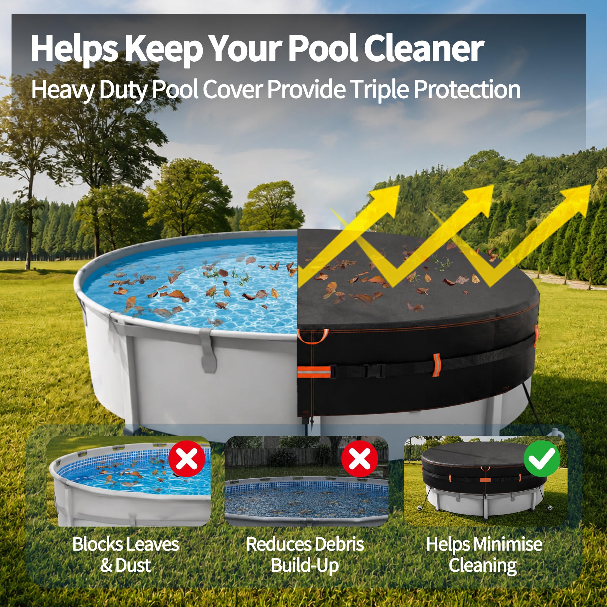 Cubierta redonda 500D para piscinas sobre el suelo, cubierta de piscina resistente al desgarro de uso intensivo con cordón, correa reforzada y clavijas de suelo, protección UV resistente al