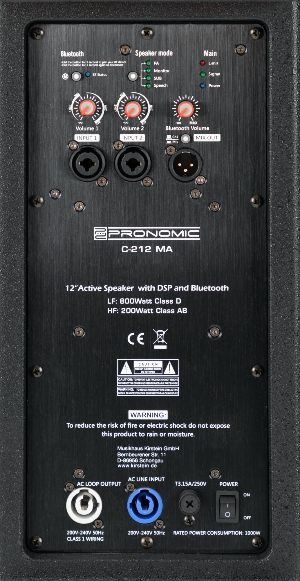 Pronomic C-212 MA - Cassa Attiva 2 Vie con 2 Canali - Potenza: 1000 Watt - Woofer 12" + Tweeter Titanio 1,75" - Ricevitore Bluetooth e DSP-Preset - Cabinet in Plastica con Inclinazione Monitor