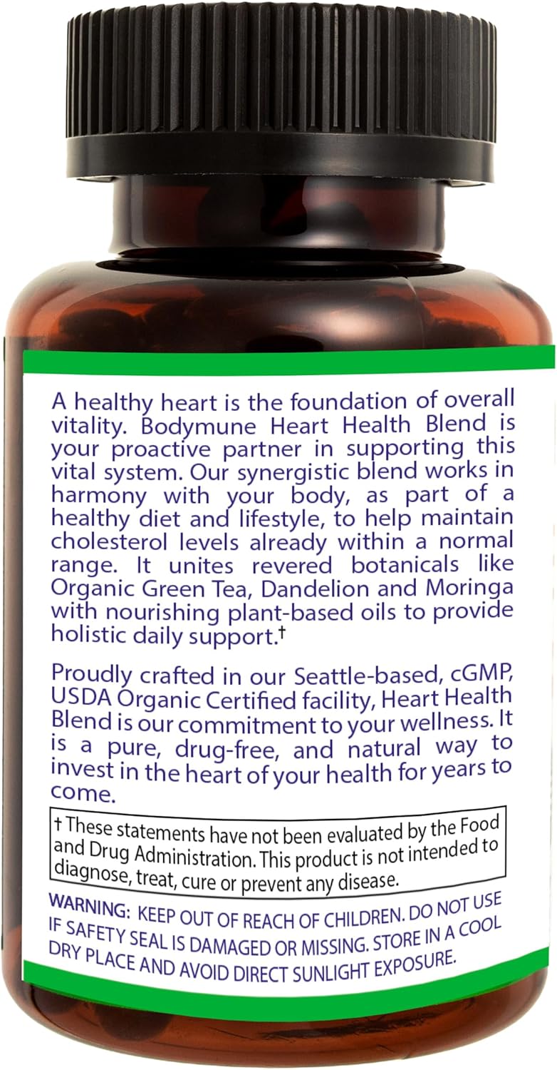 Bodymune Heart Health Blend Cholesterol Support – Organic Cardiovascular & Circulation Supplement – with Green Tea, Pomegranate & Black Seed Oil – 60 Capsules – USDA Organic, Vegan
