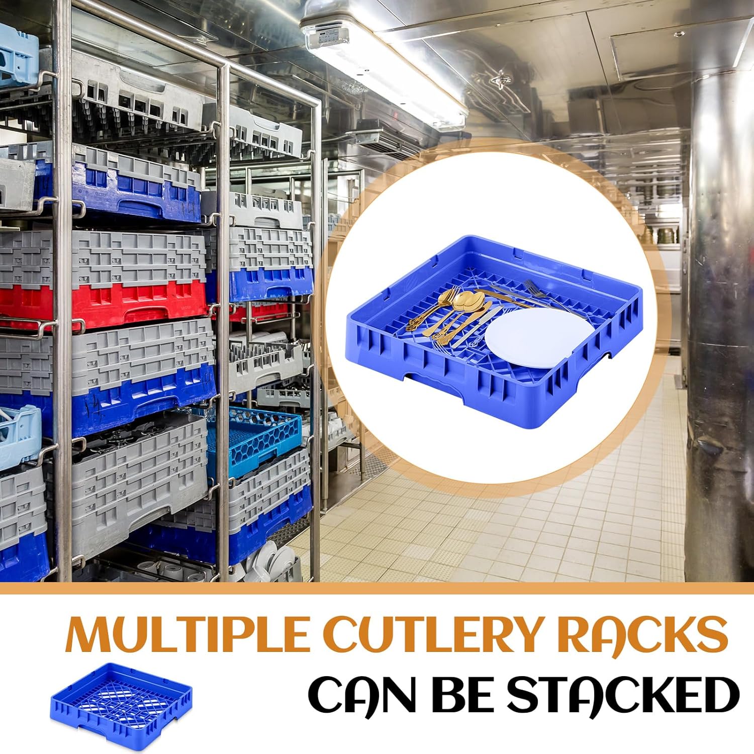 1 Pack Commercial Dishwasher Tray Rack Polypropylene Full Size Flatware Rack for Bowls Plates Knives Forks Cups (Basic,Blue)