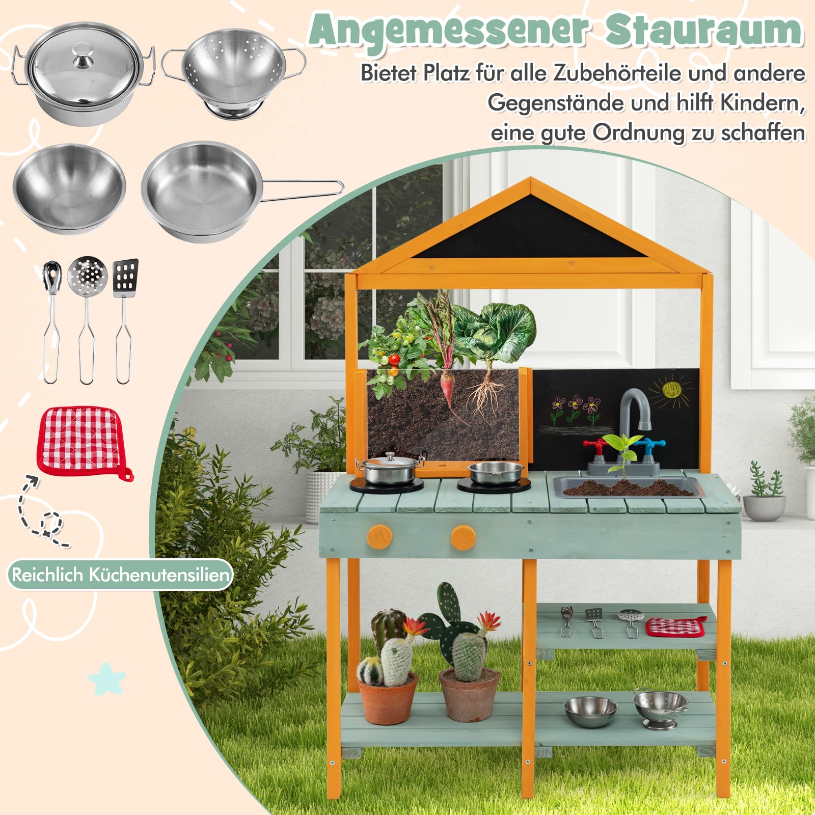 DREAMADE Matschküche Kinder Outdoor, Kinderküche Tannenholz, Spielküche mit Wasserhahn, Waschbecken, Herd, Tafel & Pflanzenbetrachter, Outdoor Küche inkl. 8 TLG. Zubehör für Kinder ab 3 Jahren (Grün)