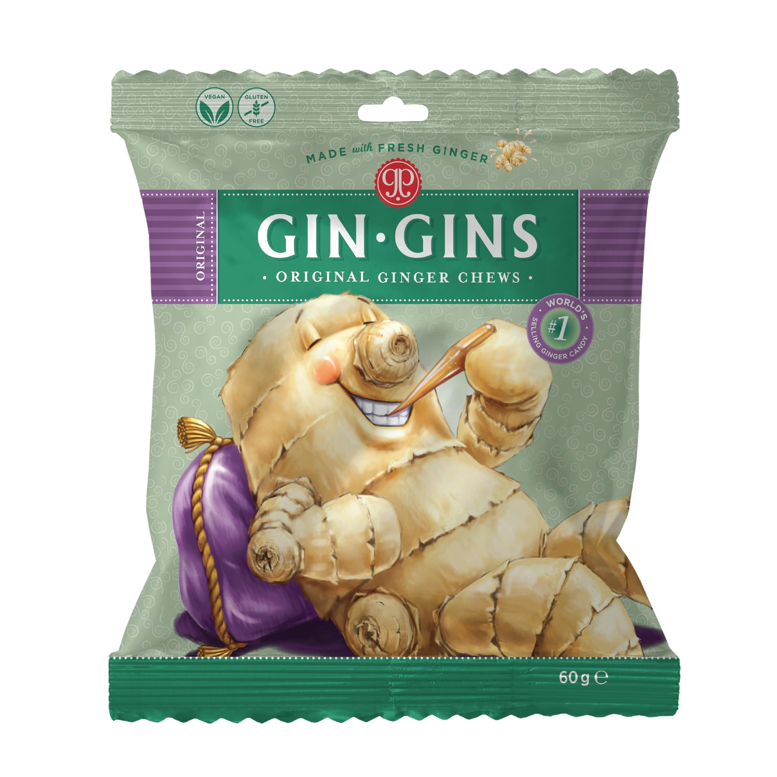 GIN GINS® Original Chewy Ginger Candy by The Ginger People® - Anti-Nausea and Digestion Aid, Individually Wrapped Healthy Candy - Original Ginger Flavor - 60g Bag - Pack of 12