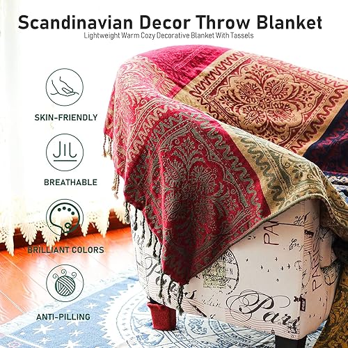 Miniatura 4 de Mantas bohemias, mantas de felpilla con borlas de felpilla para sofá, silla, decoración de habitación hippie, mantas indias (rojo, azul marino,