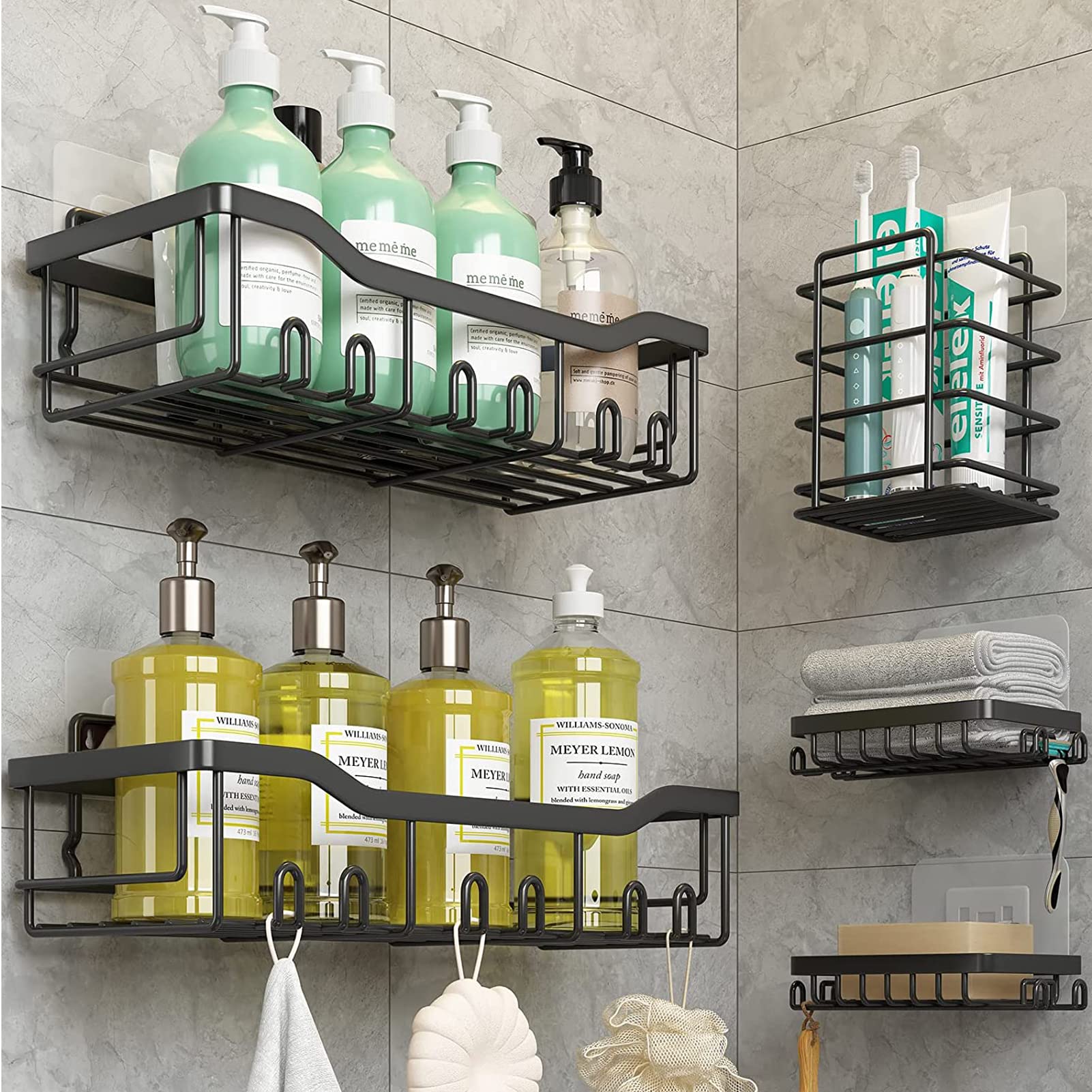 U-HOOME Shower Caddy Shelf (5-Pack), Adhesive Shower Organizer Rack No Drilling,Rustproof Stainless Steel Shower Rack With Soap Dish & Toothbrush Holder for Bathroom Storage