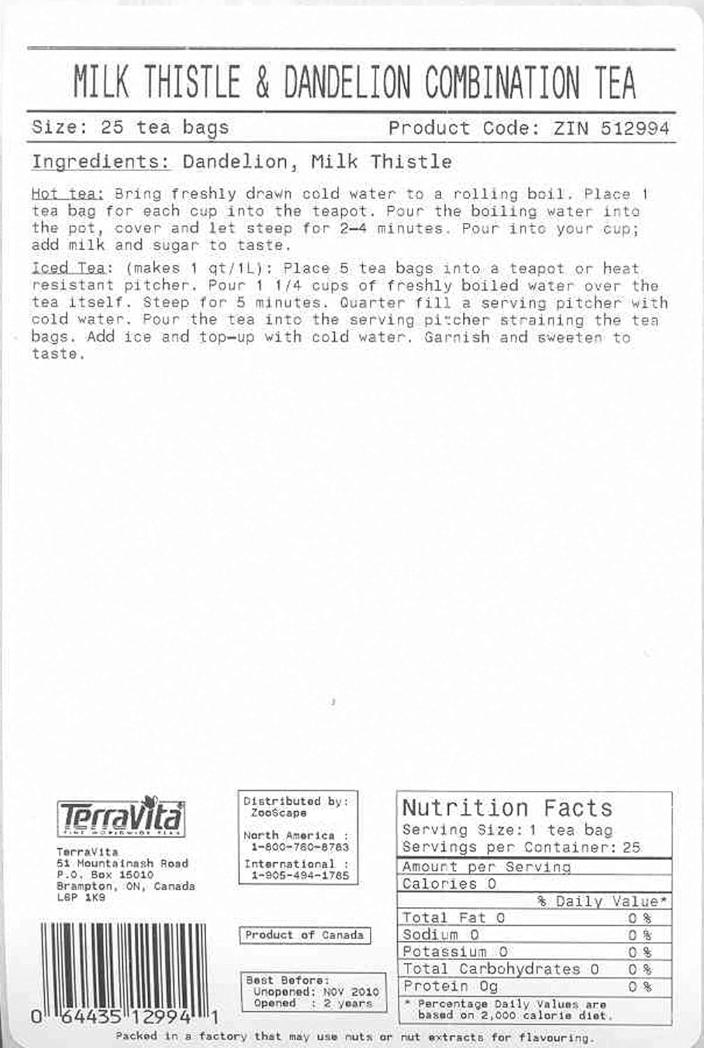 Milk Thistle and Dandelion Combination Tea (25 tea bags, ZIN: 512994)