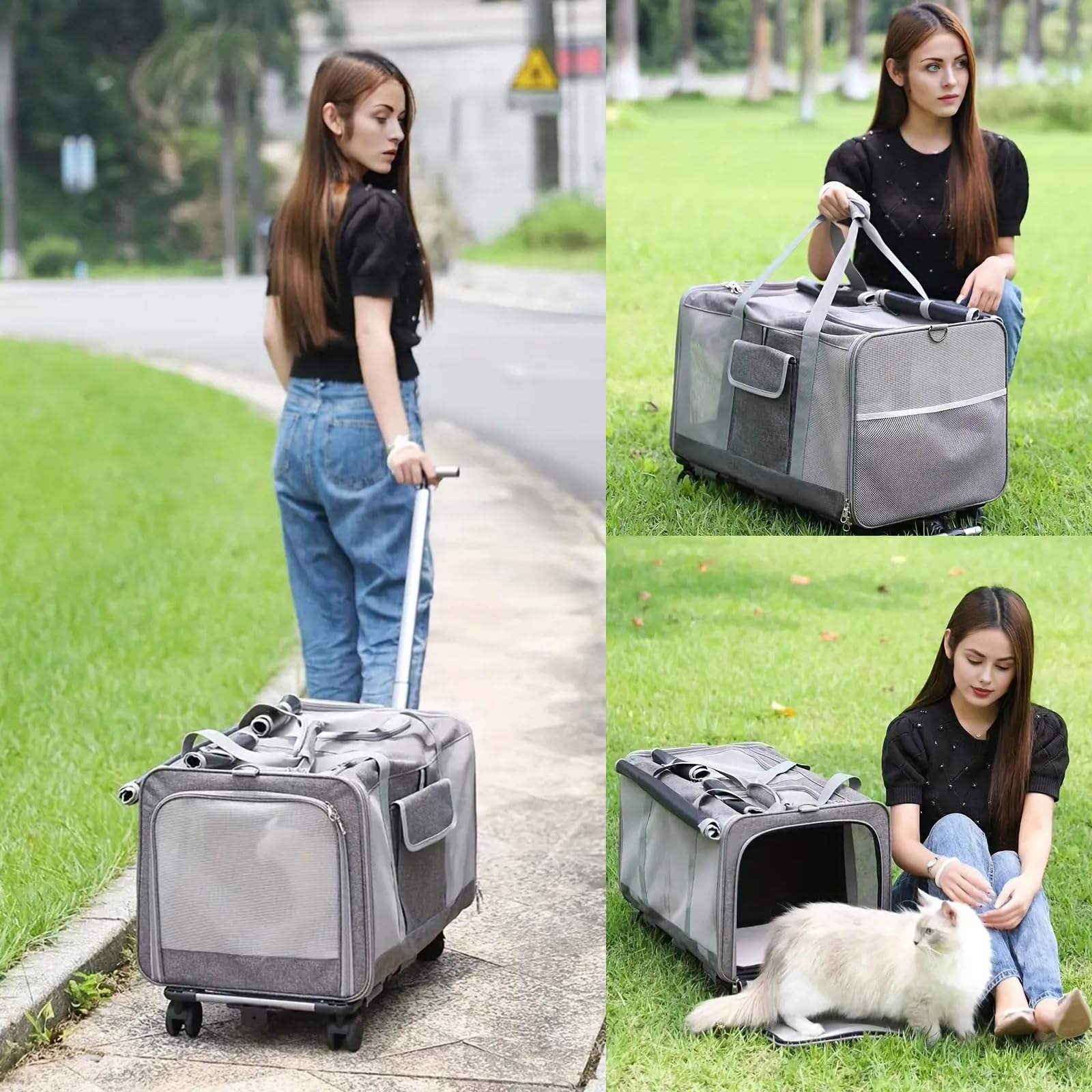 Transportín De Mascotas De Doble Compartimento con Ruedas Desmontables para Gato/Perro, Transportador Rodante para 2 Gatos Pequeños,Perros, Diseño Súper Ventilado,Caqui
