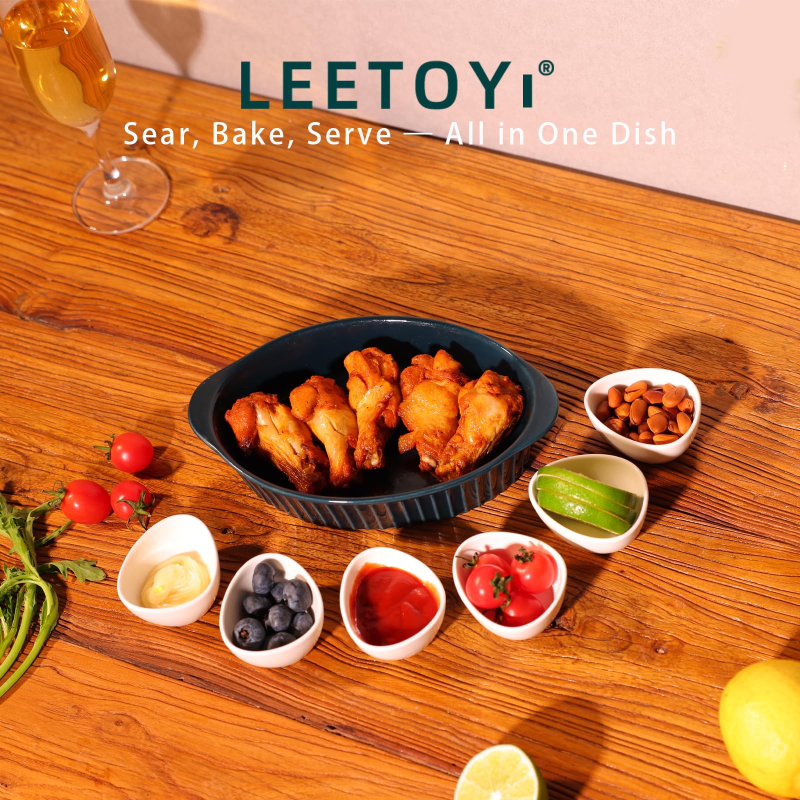 LEETOYI Porcelanowe małe owalne patelnie Au Gratin, zestaw naczyń do pieczenia dla 1 lub 2 osób, naczynia do pieczenia z podwójnym uchwytem do kuchni i domu, zestaw 2 (granatowy)