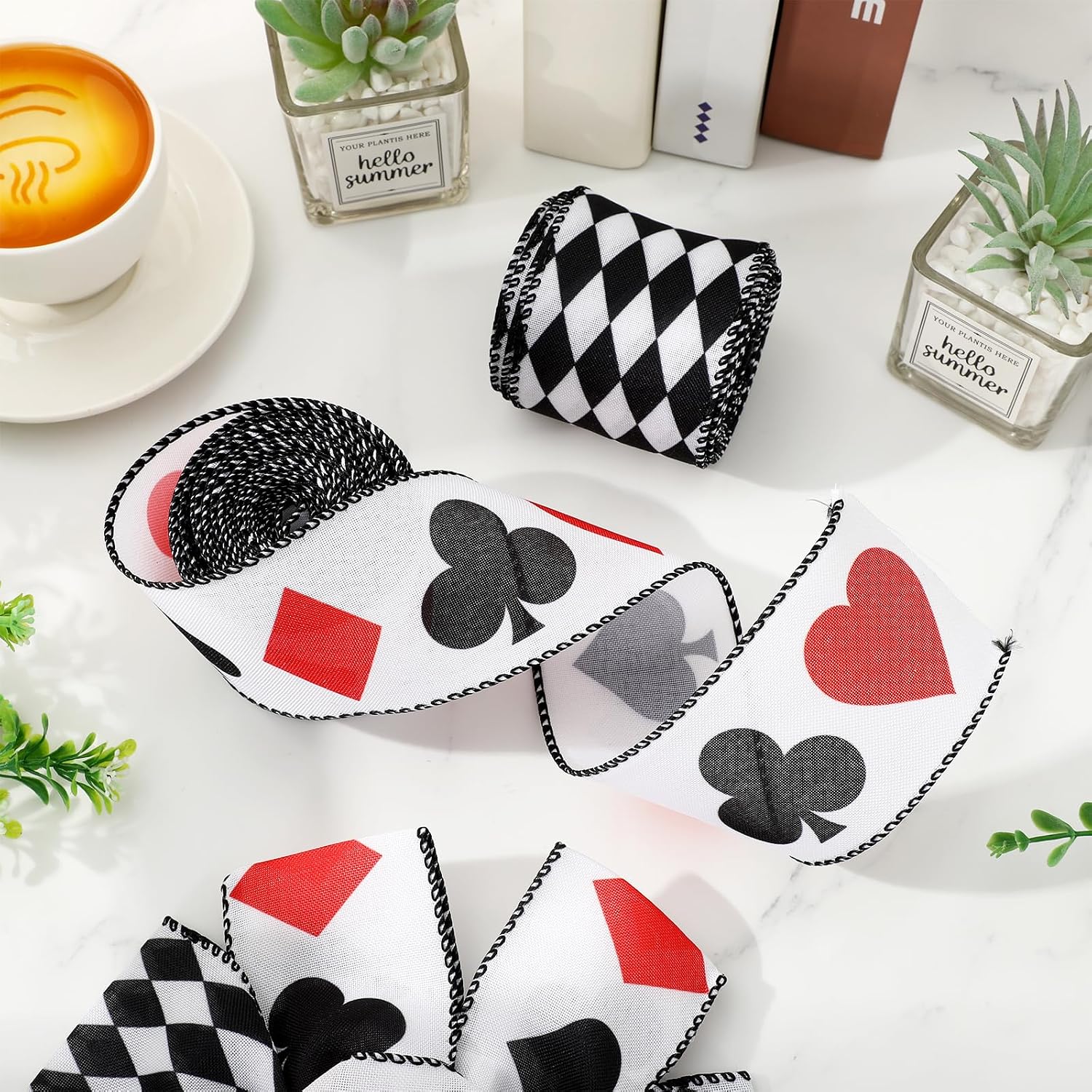 JarThenaAMCS Casino Poker Wired Edge Ribbon 2.5Inch x 20 Yards Fabric Ribbon Roll Black White Checkered Playing Card Craft Ribbons for Gaming Night Decoration DIY Bow, 2 Roll