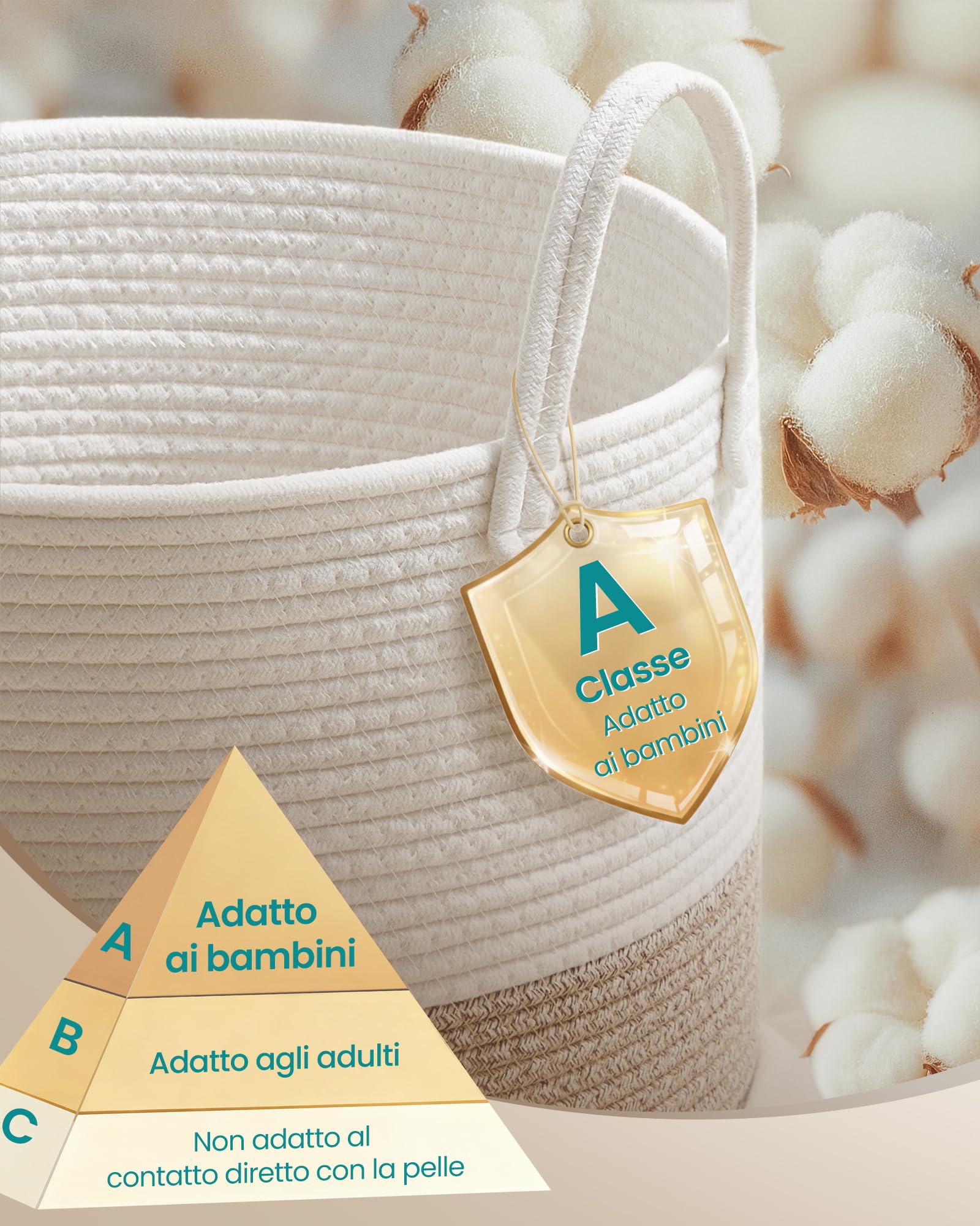 SONGMICS Cesto Portabiancheria, Cesto Biancheria Sporca per Bambini, Corda di Cotone con Manici, per Coperte, Porta Peluche, Camera da Letto, Cameretta, 80 L, Bianco e Marrone Grigiastro RLH062LZ01