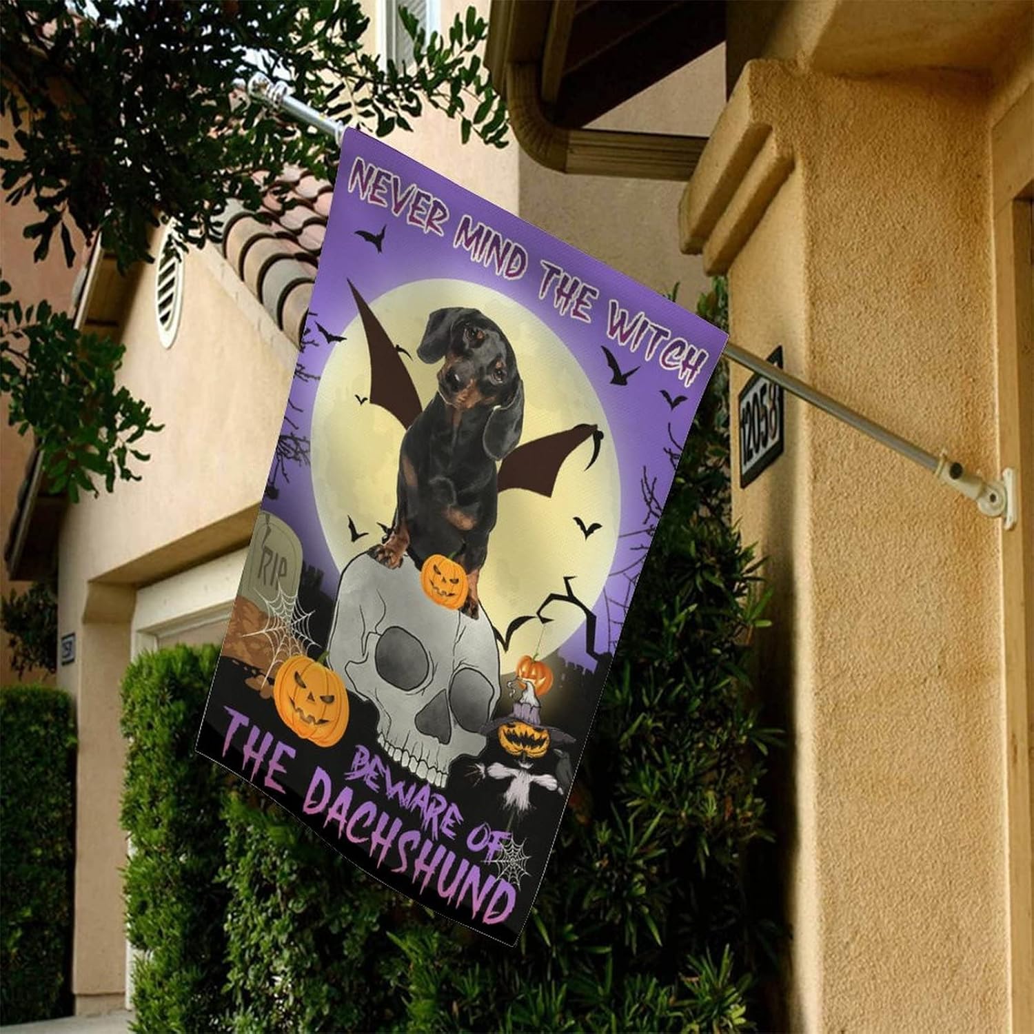 Dachshund Garden Flag 28x40 Inch Double Sided Never Mind The Witch Beware Of The Dog Welcome Flag for Outside Yard Decorations Seasonal Banners Outdoor Indoor Decor