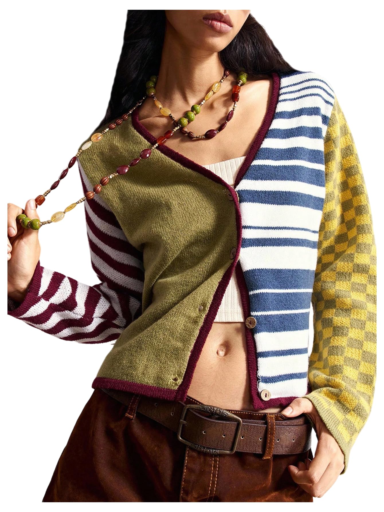 Womens Color Block Patchwork Sweaters Button Down Cardigans Jumper Fall Clothes