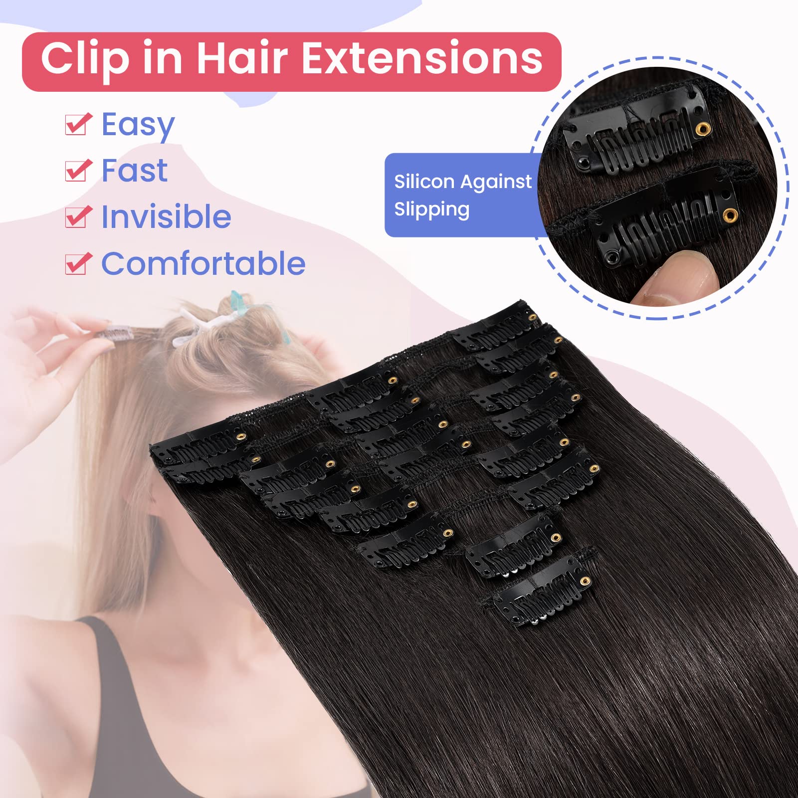 Elailite Clip in Human Hair Hair Extensions Real Natural Hair Remy, 8 Pcs (Thin Weft) Full Head Straight, #1B Natural Black - Image 3