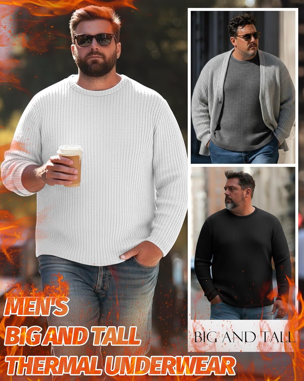 Neer 4 Pack Men's Big and Tall Thermal Long Sleeve T-Shirts, Cotton Ribbed Crew Neck Slim Fit Base Layer Sweaters Undershirts(Army Green, White, Heather Gray, Black,X-Large) - Image 2