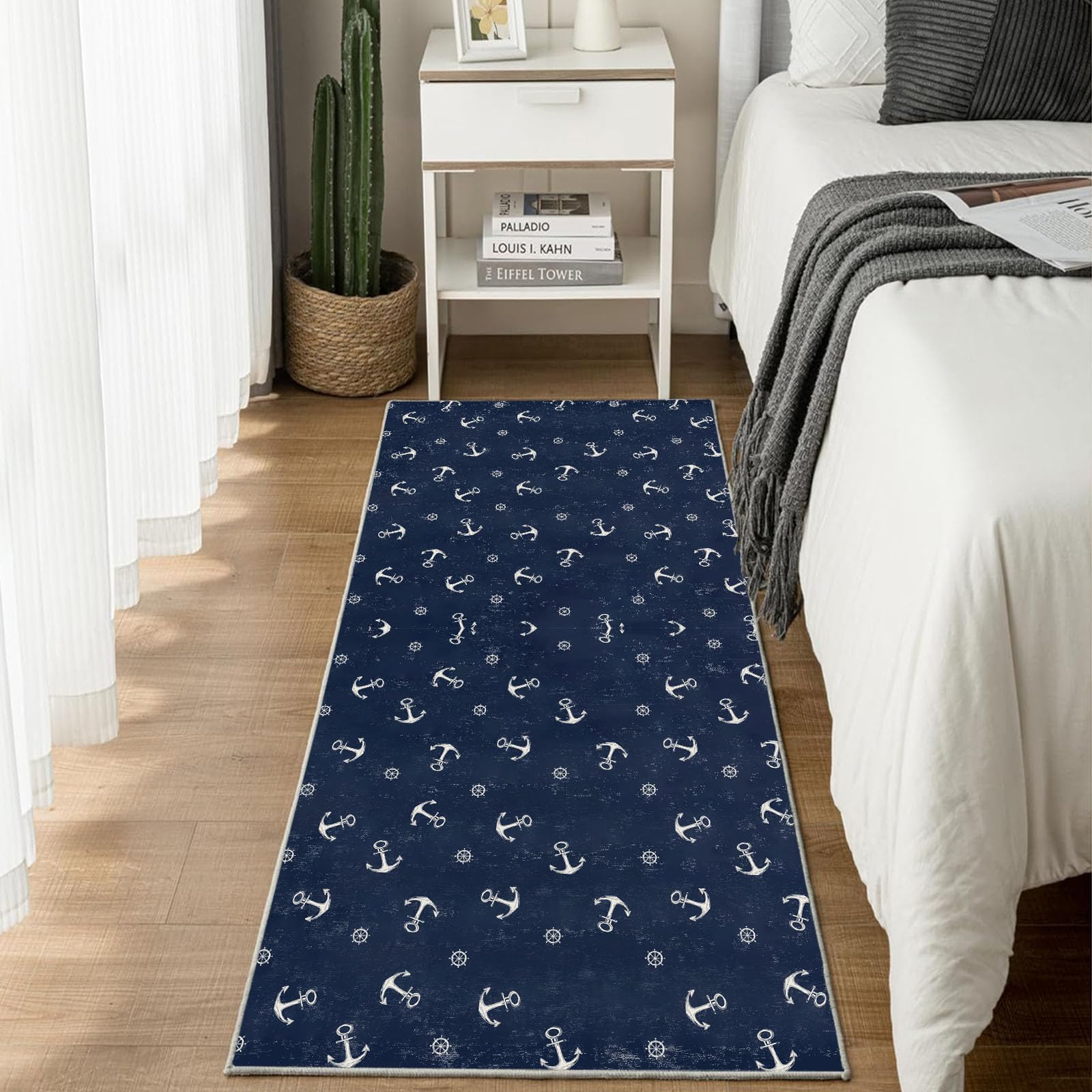 Nautisch Anker Maritim Steuerrad Teppich Läufer Flur Küche Waschbar rutschfest 60x150 cm, Küsten Muster Teppiche für Bettumrandung Schlafzimmer Teppichläufer für Küchenläufer Eingangsbereich