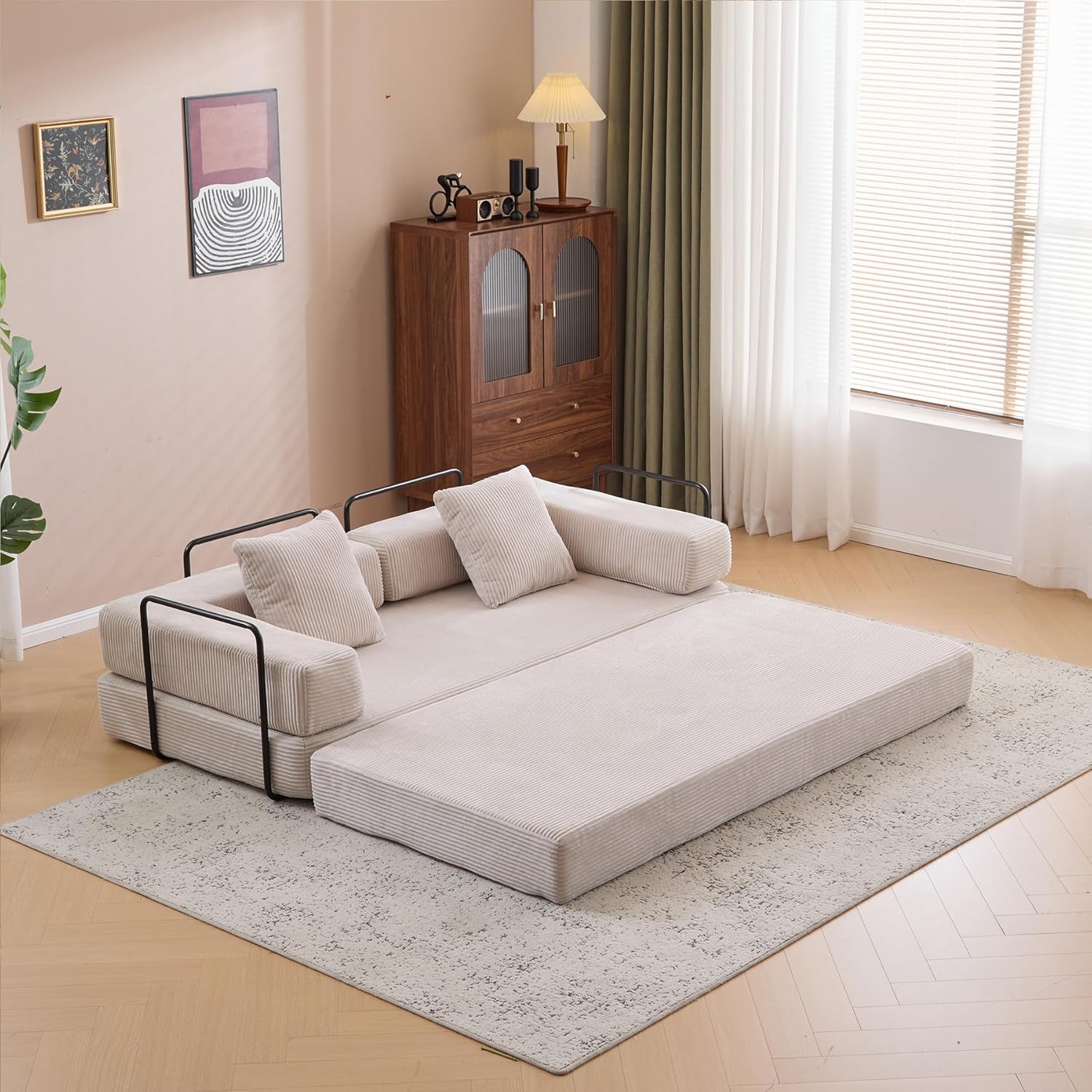 Convertible Folding Sleeper Sofa Bed, Corduroy Floor Sofa Fold Out Couch with Pillows, King Size Bed Futon Couch, Foldable Memory Foam Mattress for Living Room Bedroom Playroom