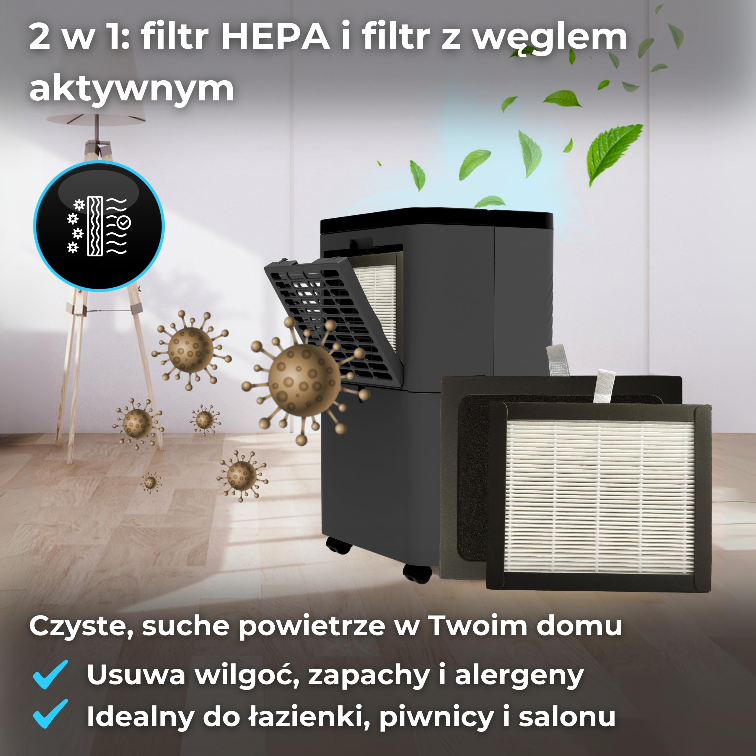 elektryczny osuszacz powietrza 12 l/24 h z filtrem HEPA i węglowym, WiFi Smart Home, oczyszczacz powietrza Nexi ION UV, osuszacz powietrza do domu, mieszkania, łazienki i salonu do 20 m²
