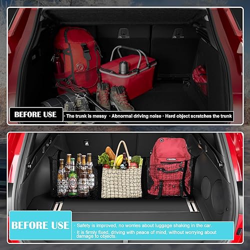 Miniatura 5 de Extensor de red de carga de 3 bolsillos, 47.2 x 11.8 pulgadas, organizador de malla para caja de camión con gancho de metal, red de carga resistente