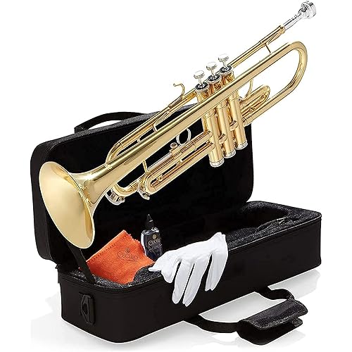 Mendini By Cecilio Bb Standard Trumpet Set for Beginners - Brass Student Trumpet Instrument with Hard Case, 7C Mouthpiece, Valve Oil, Cleaning Cloth, Gloves (Golden)