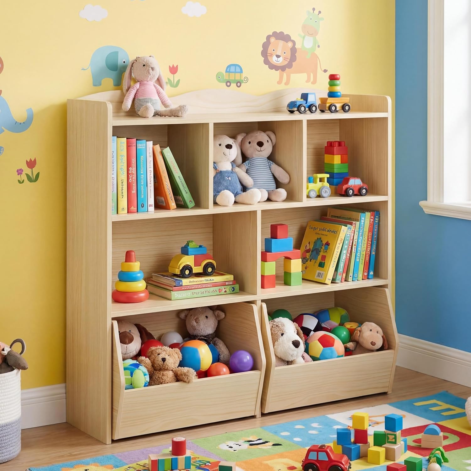 GAOMON Toy Storage Organizer, Kid Bookshelf, Toy Storage Cabinet, Toddler Bookcase Cabinet for Playroom, Bedroom, Nursery, Living Room, Natural