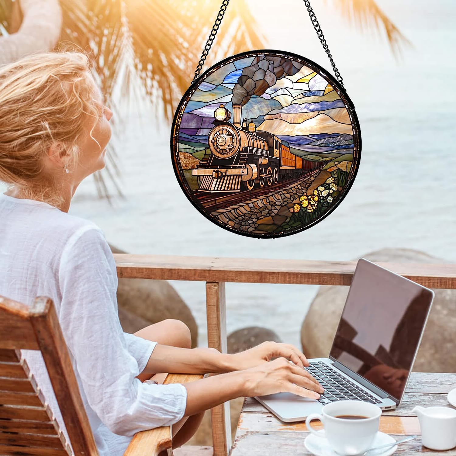 Stained Glass Window Hanging Retro Steam Train Running On Rails Large 11.8" - Suncatcher Door Garden Sun Catcher Home Decor Birthday Christmas for Mom Men Woman Nana Friend